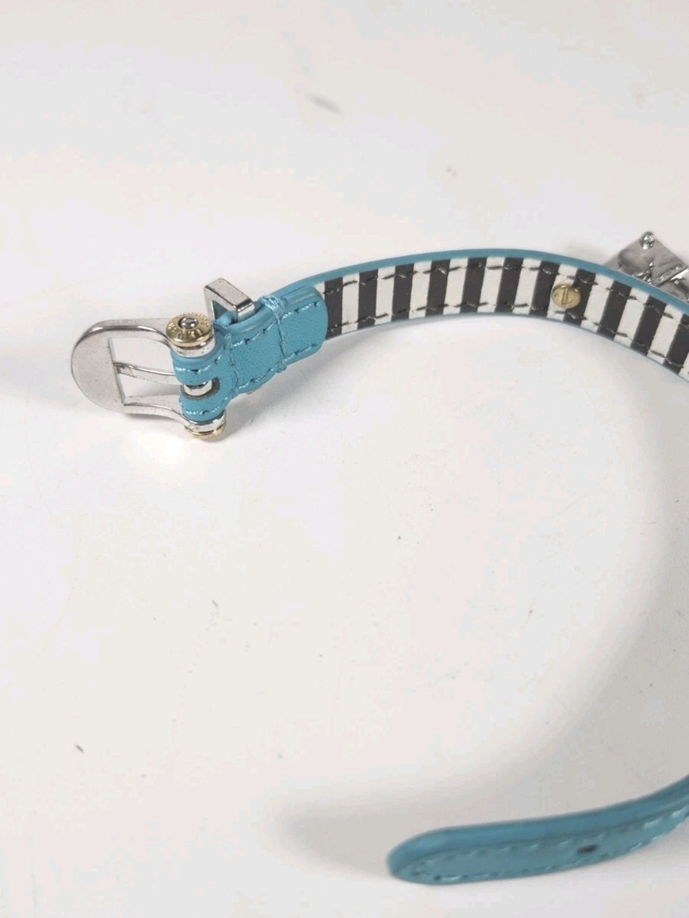 Henri Bendel Vintage Silver Tone Leather Lock Logo Bracelet Turquoise Blue - Picture 9 of 16
